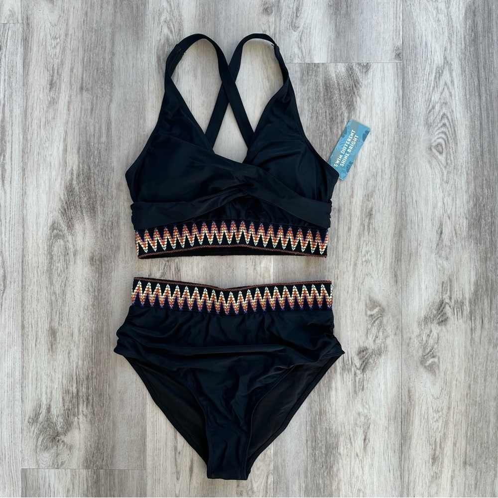 New Women’s Bikini Set Swimsuit High Waisted Tummy Control Large Black 2 Piece